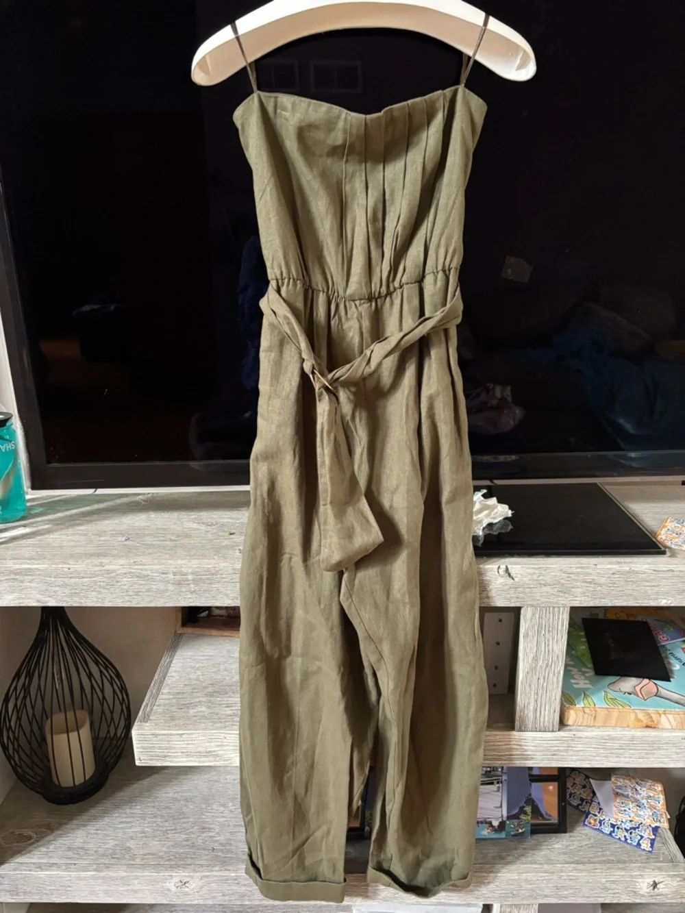 Zara Olive Green Linen-Blend Belted Spaghetti-Strap Jumpsuit